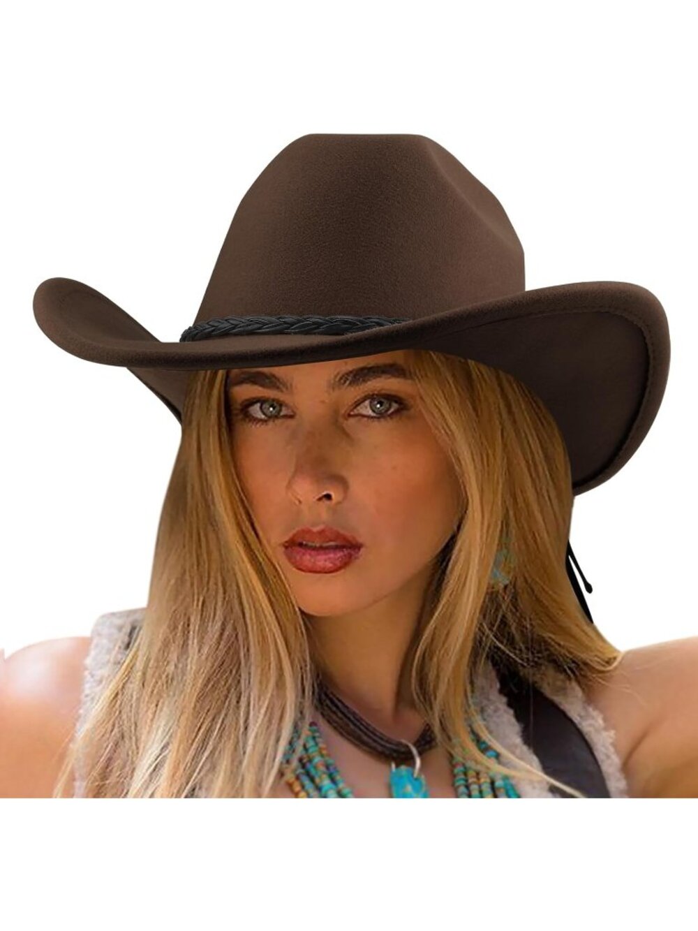 Unisex Coffee Wide Brim Felt Fedora Cowgirl Western Cowboy Rolled Up Caps Hat